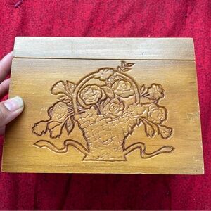 Wooden Box with Floral Basket Carving Design‎ 7x5x3.5 in